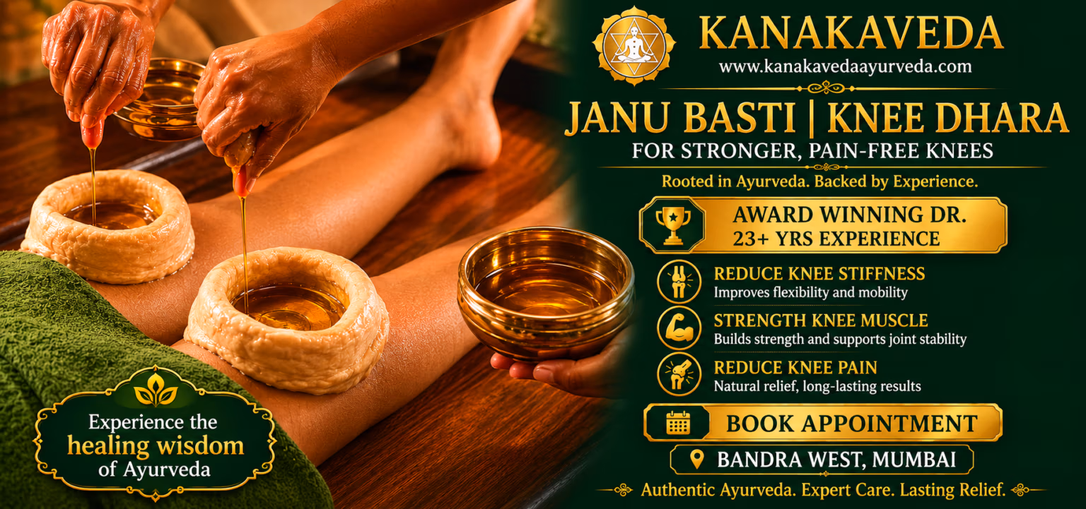 Janu Basti and Knee Dhara Ayurvedic therapy for knee pain, osteoarthritis, joint stiffness and knee health improvement at Kanakaveda Ayurvedic Wellness Center