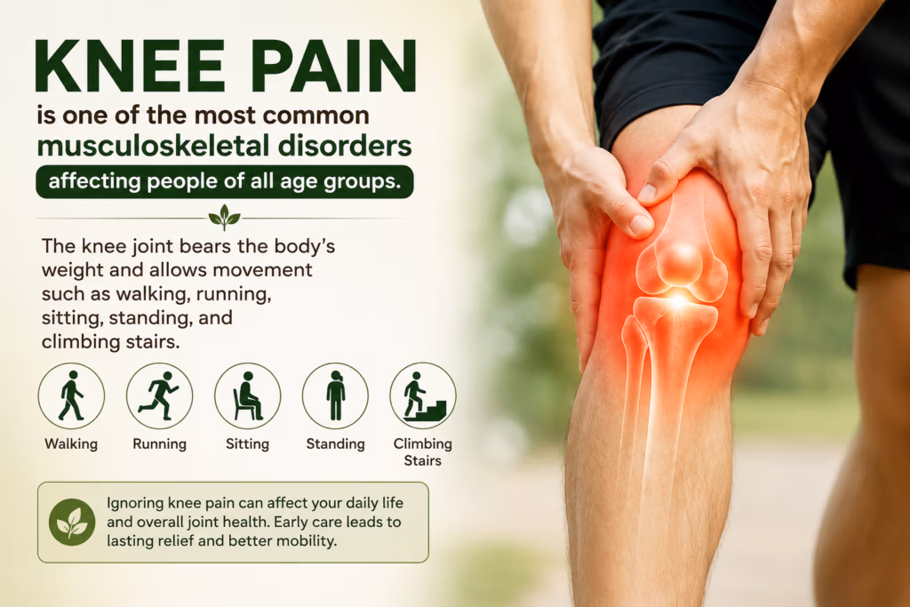 Knee pain affecting joint mobility showing inflammation in knee with explanation of walking, running, sitting and climbing difficulties