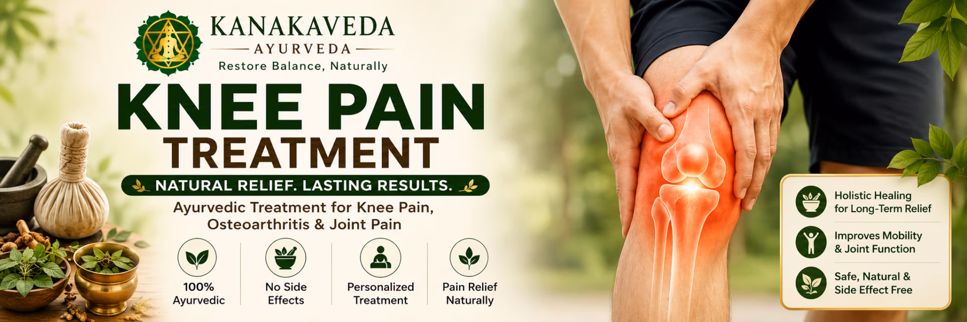 Ayurvedic knee pain treatment banner showing natural relief for osteoarthritis, joint pain, improved mobility, and personalized Ayurvedic care.